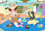 absurd_res anthro arm_tuft baby_bottle bean_bag bodily_fluids brown_floor brown_onesie buneary changing_table cheek_tuft clothed clothing collar crib diaper duo eevee eeveelution elbow_tuft facial_tuft fennecat fur generation_1_pokemon generation_4_pokemon generation_6_pokemon green_eyes green_hair grey_nose hair heal_ball hi_res holding_object holding_plushie knee_tuft leafeon leg_tuft male nervous nest_ball nintendo onesie pawpads pikachu pink_body pink_fur pink_hair pink_pawpads playpen plushie pokeball pokeball_diaper pokemon pokemon_(species) rug smile stacking_rings sweat sylveon toy toy_block toy_train tuft watermark wearing_collar wearing_diaper wet_wipes window yellow_body yellow_fur
