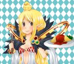  1girl animal_on_head argyle_clothes argyle_dress bird bird_on_head blonde_hair blue_background blush breasts brown_eyes checkered_background cleavage closed_mouth commentary_request dress food fur_collar holding holding_plate holding_spoon long_hair looking_at_viewer medium_breasts meiko_(nattu303) omelet omurice on_head plate pointy_ears ragnarok_online sleeveless sleeveless_dress smile solo sorcerer_(ragnarok_online) spoon upper_body white_dress 