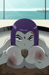  1boy 1girl absurdres angry breasts colored_skin dark-skinned_male dark_skin erection fellatio forehead_jewel grey_skin highres large_breasts monke_brush nipples nude oral paizuri purple_eyes purple_hair raven_(dc) short_hair teen_titans_(tv_series) 