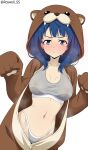  1girl :/ absurdres animegao blue_eyes blue_hair blush commentary cosplay covered_nipples grey_panties highleg highleg_panties highres hot kigurumi looking_at_viewer make_heroine_ga_oo_sugiru! mascot_costume medium_hair navel otter_costume paid_reward_available panties paw_pose roswell_ss solo sports_bra sweat underwear white_background yanami_anna 