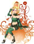  1girl :3 belt blindfold blindfold_lift blonde_hair blush boots bra_strap breasts brown_belt brown_boots camouflage camouflage_scarf camouflage_shorts cleavage commentary_request creature_on_head elbow_gloves fingerless_gloves floral_background full_body gloves green_gloves green_scarf green_shorts green_thighhighs green_tube_top hat highres large_breasts looking_at_viewer meiko_(nattu303) midriff navel open_fly open_mouth poring purple_eyes ragnarok_online ranger_(ragnarok_online) santa_hat scarf short_hair shorts sitting slime_(creature) solo strapless thighhighs tube_top white_background 