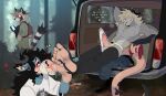 absurd_res ambiguous_gender american_opossum anthro armpit_hair backpack backwards_hat balls bitbiteroo blonde_hair blue_body blue_fur bodily_fluids body_hair car chest_tuft clothing crotch_tuft deer electronics erection erection_under_clothing feet foot_fetish foot_lick foot_play footwear forest fur genital_fluids genitals grey_body grey_fur group hair hair_over_eye hat headgear headwear hi_res holding_object humanoid_feet jockstrap leg_grab licking long_hair male male/male mammal marsupial musk phone plant plantigrade precum procyonid raccoon saliva saliva_string socks surprised_expression sweat tail text tongue tree trio tuft underwear vehicle