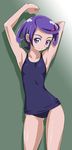  bad_id bad_pixiv_id curly_hair dokidoki!_precure eyelashes gradient gradient_background green_background hair_ornament hairclip kenzaki_makoto looking_at_viewer lying one-piece_swimsuit precure purple_eyes purple_hair rohitsuka school_swimsuit short_hair smile solo swimsuit 