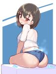  1girl ass black_hair blue_background blue_buruma blue_panties blush braid breasts brown_eyes brown_hair buruma cougar_(cougar1404) from_behind gym_uniform ice ice_cube looking_at_viewer looking_back original panties shirt short_hair short_sleeves shorts sitting solo thighs underwear wet white_shirt 