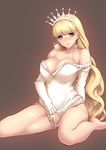  bare_shoulders blonde_hair blush breasts breath brown_background clalaclan_philias cleavage clothes_tug curvy green_eyes heavy_breathing large_breasts lintanghaseo long_hair naked_sweater off-shoulder_sweater shining_(series) shining_wind sitting solo sweater sweater_tug thick_thighs thighs wariza 