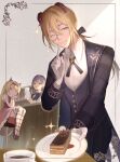  1girl 2boys absurdres androgynous azbar_(dragon_quest) banno_watari bartender black_bow black_horns black_jacket black_pants black_vest blonde_hair blue_bow blue_bowtie blue_eyes blue_hair blue_vest blunt_bangs bow bowtie butler cake cleaning coffee colored_skin commentary_request demon_boy demon_girl dragon_quest dragon_quest_x dress food frilled_dress frills gloves grey_background hair_bow hairband hands_on_own_cheeks hands_on_own_face highres holding holding_plate horns index_finger_raised jacket long_hair looking_at_viewer looking_to_the_side low_ponytail monocle multiple_boys official_alternate_costume one_eye_closed pants pink_skin plate pointy_ears ponytail purple_dress purple_hairband red_horns rinverry risoru_(dq10) shirt short_hair sitting smile solo_focus sparkle striped_clothes striped_thighhighs table thighhighs vest white_gloves white_shirt white_trim yellow_eyes 