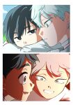  2boys alien_stage black_eyes black_hair choker commentary green_eyes grey_hair highres ivan_(alien_stage) looking_at_another male_focus multiple_boys oekakizukiyaro open_mouth red_pupils short_hair smile till_(alien_stage) very_short_hair white_choker 