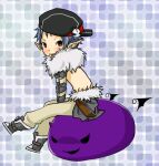  1boy backwards_hat belt black_hat boots brown_belt brown_eyes brown_pants cape commentary_request deviling full_body fur_collar grey_background grey_boots grey_cape hat hat_ornament looking_at_viewer male_focus meiko_(nattu303) newsboy_cap open_mouth pants pointy_ears ragnarok_online shadow_chaser_(ragnarok_online) short_bangs short_hair shrug_(clothing) sitting skull_hat_ornament smile solo v-shaped_eyebrows waist_cape 