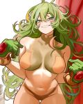  1girl bare_arms bare_shoulders bikini blush bodypaint boku_no_hero_academia breasts bright_pupils brown_bikini brown_pasties commentary deku&#039;s_photo_of_hagakure_toru gloves green_bikini green_eyes green_gloves green_hair grin hagakure_toru hands_up highres large_breasts long_hair looking_at_viewer messy_hair mismatched_bikini multicolored_hair navel official_alternate_costume painted_clothes pasties pink_streaks pointing pointing_at_self ringed_eyes smile solo spanish_commentary stomach swimsuit turtleneck_bikini_top two-tone_gloves unusually_visible vlizz white_pupils 