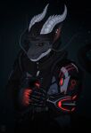 2024 anthro armor black_eyes black_hair clothed clothing dated dragon ear_piercing ear_ring front_view grey_body hair half-length_portrait headgear helmet hi_res holding_armor holding_headgear holding_helmet holding_object horn male male_anthro mouth_closed mythological_creature mythological_scalie mythology piercing portrait pupils red_pupils ring_piercing riorix scales scalie simple_background solo white_body white_horn white_scales