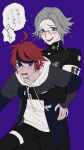 2boys ahoge aotsuki_eito armband black_jacket black_pants black_streaks blue_eyes blush drawstring flying_sweatdrops glasses grey_hair grey_jacket hole_in_chest hole_on_body hood hoodie hug hug_from_behind jacket jacket_over_hoodie last_defense_academy_school_uniform male_focus multicolored_hair multicolored_jacket multiple_boys pants purple_background red_hair school_uniform seiran_yoroz short_hair simple_background smile speech_bubble streaked_hair sumino_takumi sweat teeth the_hundred_line_-last_defense_academy- thigh_strap two-tone_jacket upper_teeth_only white_armband white_hoodie yaoi 