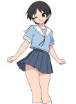  1girl 64vii absurdres azumanga_daioh azumanga_daioh&#039;s_school_uniform black_hair blue_ribbon blue_shirt blue_skirt blush breasts chihiro_(azumanga_daioh) clenched_hands grin highres one_eye_closed pleated_skirt ribbon sailor_collar school_uniform shadow shirt skirt smile socks thighs white_background white_sailor_collar white_socks 