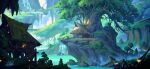  chinnkun cliff fantasy fog giant_tree house landscape moss mountain nature no_humans original painterly rock signature tree tribal water waterfall watermark 