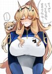  ... 710_ao artoria_caster_(fate) artoria_pendragon_(fate) barghest_(fate) barghest_(over_the_same_sky)_(fate) blonde_hair blush breasts chibi closed_eyes fate/grand_order fate_(series) highres horns huge_breasts long_hair one-piece_swimsuit ponytail sidelocks speech_bubble sweat swimsuit very_long_hair 