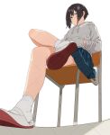  1girl bare_legs black_hair blue_skirt blush chair crossed_legs full_body grey_hoodie hands_in_pockets hood hood_down hoodie legs looking_at_viewer mattaku_mousuke medium_hair miniskirt original pleated_skirt pout school_chair school_uniform shadow signature simple_background sitting skirt socks solo white_background white_socks 