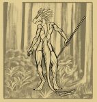 2025 abstract_background absurd_res brown_body digital_media_(artwork) digitigrade dinosaur dirtypaperjoe dromaeosaurid feathered_dinosaur feathered_scalie feathers female hi_res hunter javelin line_art monochrome muscular pinup pose prehistoric_species reptile scalie simple_background textured_background theropod velociraptor
