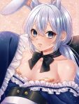  1boy absurdres androgynous animal_ears bandaid bandaids_on_nipples black_bow blue_eyes blue_shirt bow bow_choker choker collarbone commentary_request covered_nipples dragon_quest dragon_quest_x frilled_shirt frills frown hair_bow hero_(dq10) highres kuro11_222 long_hair looking_at_viewer looking_to_the_side low_ponytail male_focus off_shoulder orange_background pasties pectorals ponytail rabbit_boy rabbit_ears shirt sleeves_past_fingers sleeves_past_wrists solo star_(symbol) sweatdrop trap white_hair 