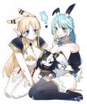  100_yeol 2girls animal_ear_hairband animal_ears bare_shoulders boots breasts chibi cleavage etain_(mabinogi) fake_animal_ears hairband highres holding_chibi mabinogi multiple_girls playboy_bunny portia_(mabinogi) rabbit_ear_hairband rabbit_ears seiza simple_background sitting smile 