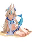  1girl ahoge animal_ear_fluff animal_ears arm_support bikini bikini_under_clothes bikini_under_shorts blonde_hair blue_bikini blue_eyes blue_hair blue_sailor_collar blunt_bangs blush cat_ears closed_mouth collarbone commentary dress feet fins fish_girl fish_tail frilled_bikini frilled_shirt_collar frills full_body hair_ribbon highres indie_virtual_youtuber innertube_hair_ornament lifebuoy_hair_ornament long_hair looking_at_viewer low_twintails multicolored_hair navel one_side_up ribbon sailor_collar sameko_saba sandals sansha_art scrunchie short_shorts shorts simple_background sitting solo streaked_hair swimsuit tail toenails toes twintails very_long_hair virtual_youtuber white_background white_dress wrist_scrunchie yokozuwari 