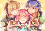  3boys :3 ^3^ adam&#039;s_apple ahoge amemura_ramuda antenna_hair arisugawa_dice asymmetrical_hair blue_hair blue_jacket blurry blush bokeh brown_hair closed_eyes collarbone collared_shirt crossed_bangs crossed_wrists depth_of_field fang fling_posse frown fur-trimmed_jacket fur_trim green_eyes green_jacket hair_between_eyes hair_ornament hand_up happy_aura heart heart_ahoge heart_antenna_hair heart_hands heart_hands_duo hypnosis_mic jacket long_sleeves looking_at_another male_focus medium_hair multicolored_hair multiple_boys pink_eyes pink_hair pinky_out portrait purple_hair raised_eyebrows satsuki_suzuran shirt short_hair smile swept_bangs tassel tassel_hair_ornament white_shirt yellow_background yumeno_gentaro 