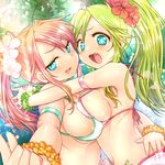  bikini blue_eyes breast_press breasts fang flower green_hair hair_flower hair_ornament hibiscus hug kamiya_zuzu large_breasts long_hair looking_at_viewer multiple_girls original pink_hair ponytail red_hair scrunchie smile swimsuit symmetrical_docking 