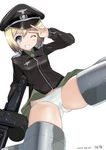  bad_id bad_twitter_id blonde_hair blue_eyes blush cameltoe erica_hartmann gun hat jacket kiya_shii machine_gun military military_uniform one_eye_closed panties simple_background smile solo spread_legs strike_witches striker_unit underwear uniform v weapon white_background white_panties world_witches_series 