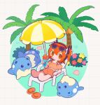  1girl a.i._voice adachi_rei alternate_costume barefoot chair cup drinking_straw eyewear_on_head flower highres holding holding_cup lounge_chair one_side_up orange_eyes orange_hair orange_shirt orange_shorts palm_tree parasol pokemon pokemon_(creature) s1ho_(ukiy0u0) sandals shirt short_sleeves shorts solo spheal sunglasses tree umbrella unworn_sandals utau 