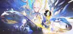  5boys absurdres age_progression alternate_form antenna_hair armor asymmetrical_wings black_choker black_gloves black_shirt black_wings blonde_hair blue_cape blue_eyes cape choker commentary cracked_skin english_commentary fingerless_gloves gloves grey_shirt hair_between_eyes halo halo_behind_head highres holding holding_paper honkai:_star_rail honkai_(series) looking_to_the_side male_focus material_growth multiple_boys paper parted_bangs parted_lips pauldrons phainon_(a_dream_scented_in_wheat)_(honkai:_star_rail) phainon_(honkai:_star_rail) portrait renjian_shilian shirt short_hair short_sleeves shoulder_armor single_pauldron time_paradox torn_clothes torn_shirt wheat_field white_hair wings yellow_blood yellow_eyes yellow_wings 