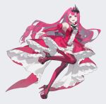  1girl baobhan_sith_(fate) baobhan_sith_(first_ascension)_(fate) blush boots breasts detached_sleeves dress earrings fangs fate/grand_order fate_(series) frilled_dress frills full_body hair_ornament highres jewelry knee_up lenpty_liuye long_hair open_mouth pink_hair platform_heels pointy_ears red_dress smile solo thigh_boots white_background 