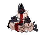 3_eyes anthro aym_(cult_of_the_lamb) baal_(cult_of_the_lamb) bound chain chained clothed clothing cult_of_the_lamb domestic_cat felid feline felis fungus-guy group hi_res male mammal massive_monster_(studio) multi_eye narinder red_crown_(cult_of_the_lamb) red_eyes resting robe simple_background sitting size_difference the_one_who_waits trio veil white_background