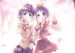  2girls absurdres arm_up black_skirt blue_eyes brown_shirt cherry_blossoms clannad crossover fujibayashi_ryou hair_intakes highres hiiragi_tsukasa itano_slime locked_arms looking_at_viewer lucky_star multiple_girls outdoors petals pleated_skirt purple_hair red_skirt ribbon sailor_collar school_uniform serafuku shirt short_hair skirt smile tree v white_ribbon white_shirt yellow_ribbon 