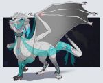ambiguous_feral ambiguous_gender black_claws black_horn blue_eyes claws dragon feral glistening glistening_eyes grey_body grey_tail grey_wings hair hi_res horn looking_at_viewer membrane_(anatomy) membranous_wings mouth_closed mythological_creature mythological_scalie mythology pawpads pink_pawpads riorix scalie solo tail tail_tuft tuft white_body white_hair white_tail wings