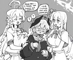  &lt;|&gt;_&lt;|&gt; 3girls ? ahoge blue_archive bow bowtie capelet dress english_text grabbing_another&#039;s_arm greyscale halo hanako_(blue_archive) head_wings highres kinzaibatsu91 koharu_(blue_archive) long_hair long_sleeves looking_at_another low_wings mika_(blue_archive) monochrome multiple_girls neckerchief open_mouth scrunchie shirt short_sleeves smile speech_bubble spoken_question_mark wings wrist_scrunchie 