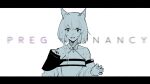  1girl animal_ear_fluff animal_ears arknights bare_shoulders cat_ears cat_girl dress english_text flood_infection_form halterneck highres kal&#039;tsit_(arknights) letterboxed looking_at_viewer lower_teeth_only material_growth monochrome off-shoulder_dress off_shoulder open_mouth oripathy_lesion_(arknights) scared simple_background solo spot_color sweat teasmacker teeth upper_body white_background 