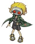  1boy black_shorts blonde_hair green_jacket hand_on_own_hip highres inkling inkling_boy inkling_player_character jacket male_focus mask oishi_umashi2 open_clothes open_jacket pointy_ears roller_skates short_hair shorts simple_background skates solo splatoon_(series) splatoon_3 tentacle_hair white_background 