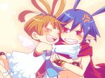  1girl angel_wings anger_vein antenna_hair blonde_hair blush brother_and_sister clenched_teeth closed_eyes detached_sleeves disgaea disgaea_d2 fingerless_gloves gloves hug laharl pointy_ears red_eyes scarf short_hair siblings sicily_(disgaea) slit_pupils teeth tsuyuka_(sunny_spot) wings 