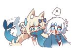  2girls :d afterimage animal_ear_fluff animal_ears blonde_hair blue_eyes blush blush_stickers bow cat_ears commentary fins fish_girl fish_tail frown gawr_gura gawr_gura_(1st_costume) green_eyes hair_ornament hololive hololive_english indie_virtual_youtuber kabenats licking licking_another&#039;s_tail long_hair long_sleeves motion_lines multicolored_hair multiple_girls open_mouth sameko_saba shark_girl shark_tail simple_background smile speech_bubble spoken_letter streaked_hair tail tail_wagging tearing_up two-tone_hair two_side_up v-shaped_eyebrows virtual_youtuber voice_actor_connection white_background white_hair 