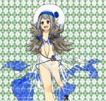  1girl argyle_background argyle_clothes argyle_dress blue_eyes blush commentary_request dress foot_out_of_frame fur_collar green_background green_eyes hat looking_afar lowres meiko_(nattu303) open_mouth pointy_ears ragnarok_online see-through_clothes see-through_dress short_hair side_slit sleeveless sleeveless_dress smile solo sorcerer_(ragnarok_online) tam_(ragnarok_online) white_hat 