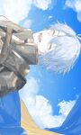  1boy :d absurdres ameu_ri antenna_hair armor black_choker black_shirt blue_cape blue_sky cape choker closed_eyes coat commentary_request floating_cape highres honkai:_star_rail honkai_(series) male_focus parted_bangs pauldrons phainon_(honkai:_star_rail) shirt short_hair shoulder_armor sideways single_pauldron sky smile solo white_coat white_hair 