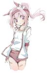  10011018 1girl animal_ears bandaid bandaid_on_leg blush bow buruma commentary_request cropped_legs ear_covers fingerless_gloves flower-shaped_pupils gloves gym_uniform haru_urara_(umamusume) headband highres horse_ears horse_girl jacket long_hair parted_lips pink_hair ponytail red_buruma red_gloves red_headband shirt solo symbol-shaped_pupils track_jacket umamusume white_background white_bow white_jacket white_shirt 