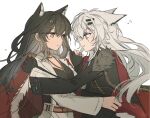  2girls animal_ears arknights belt black_gloves black_hair cape closed_mouth cross cross_necklace earrings eye_contact face-to-face gloves grey_eyes grey_hair hair_between_eyes hair_ornament hairclip highres holding_hands jewelry lappland_(arknights) lappland_the_decadenza_(arknights) latin_cross light_smile long_hair long_sleeves looking_at_another multiple_girls necklace orange_eyes parted_lips profile red_belt red_cape seri_(vyrlw) simple_background spanish_flag spanish_flag_print texas_(arknights) white_background wolf_ears wolf_girl yellow_belt yuri 
