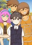  1girl 3boys absurdres antenna_hair aubrey_(faraway)_(omori) aubrey_(omori) bailan1130 black_eyes black_hair black_sweater_vest blue_eyes blue_hairband blue_skirt blue_sweater blush bright_pupils brothers brown_hair closed_eyes closed_mouth collarbone collared_shirt crop_top dark-skinned_male dark_skin day denim denim_skirt grin hairband hatching_(texture) hero_(faraway)_(omori) hero_(omori) highres jacket kel_(faraway)_(omori) kel_(omori) long_hair looking_at_viewer multiple_boys navel omocat_(style) omori outdoors parted_lips pink_hair shirt short_hair short_sleeves siblings skirt smile straight-on sunny_(omori) sweater sweater_vest teeth upper_body white_jacket white_pupils white_shirt 