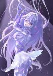  1girl absurdres bodysuit from_behind highres kiki_561 long_hair marija_(mechanical_ballerina)_(muse_dash) marija_(muse_dash) muse_dash pink_eyes purple_hair ribbon skirt solo white_bodysuit 
