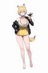  1girl absurdres animal_ears bare_legs barefoot bikini bikini_under_clothes black_choker black_gloves black_jacket blonde_hair blue_eyes breasts choker cleavage collared_shirt double-parted_bangs feet gloves gold_bikini grin groin hair_between_eyes half_gloves hand_on_own_hip hand_up highres jacket large_breasts legs mole mole_under_eye off_shoulder original partially_unbuttoned pleated_skirt scrunchie shirt shirt_tucked_in short_hair simple_background skirt smile solo standing starcat swimsuit tail toenails toes white_background white_shirt wrist_scrunchie yellow_skirt 