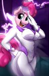 absurd_res anthro anthrofied big_breasts blue_eyes bodysuit breasts clothing costume electricity equid equine female fili-second_(mlp) friendship_is_magic fur hair hasbro heroine hi_res horse latex lightning mammal my_little_pony pink_body pink_fur pink_hair pinkie_pie_(mlp) pony purbleindigo skinsuit smile solo superhero tight_clothing