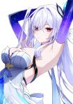  1girl arm_behind_head armpits arms_up bare_shoulders breasts cleavage closed_mouth commentary crossed_bangs diamond-shaped_pupils diamond_(shape) dress expressionless genshin_impact hair_between_eyes hair_intakes hair_lift hgpr2747 highres large_breasts long_hair looking_at_viewer prosthesis prosthetic_arm red_eyes short_dress simple_background skirk_(genshin_impact) solo symbol-shaped_pupils upper_body very_long_hair white_background white_dress white_hair 