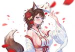  1girl absurdres animal_ears artist_request bare_shoulders blue_eyes bow breasts brown_hair closed_mouth commentary_request commission crop_top detached_sleeves flower fox_ears fox_mask fox_tail hair_flower hair_ornament hand_up highres korean_commentary long_hair looking_at_viewer mask mask_on_head midriff navel nontraditional_miko original petals red_bow revealing_clothes second-party_source shirt sideboob simple_background sleeveless sleeveless_shirt smile solo tail takamiya_keika upper_body white_background white_shirt wide_sleeves 