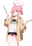  1girl absurdres ahoge black_skirt blue_archive blush bright_pupils commentary cowboy_shot drumsticks dual_wielding hair_bun hair_intakes hair_ornament hair_scrunchie halo hands_up highres holding holding_drumsticks jacket looking_at_viewer medium_hair miniskirt natsu_(band)_(blue_archive) natsu_(blue_archive) official_alternate_costume official_alternate_hairstyle open_clothes open_jacket parted_lips pink_hair pink_halo pink_wrist_cuffs ponytail red_eyes scrunchie shirt sidelocks simple_background single_hair_bun skirt solo symbol-only_commentary toriko_(honmono) w_arms white_background white_pupils white_shirt wrist_cuffs yellow_jacket yellow_scrunchie 