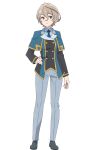  1girl black_necktie black_shoes blue_capelet blue_jacket blue_shirt buttons capelet closed_mouth collared_shirt double-breasted frown full_body genjitsu_no_yohane grey_hair grey_pants hand_on_own_hip highres jacket kohaku_(genjitsu_no_yohane) long_sleeves love_live! love_live!_sunshine!! necktie official_art orange_eyes pants shirt shoes short_hair simple_background solo split_mouth standing tachi-e transparent_background 
