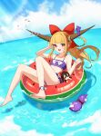  1girl absurdres bikini bird blonde_hair blue_sky blunt_bangs blush bow brown_horns character_doll cloud commentary_request day doll flat_chest flower full_body fumo_(doll) gourd hair_bow hair_intakes hakurei_reimu highres horn_bow horn_ornament horns ibuki_suika long_hair looking_at_viewer ocean oeyama open_mouth orange_eyes outdoors purple_bikini purple_bow red_bow seagull sidelocks sky smile solo swimsuit touhou very_long_hair water watermelon_innertube white_bow 